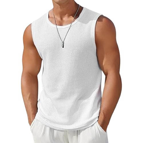 Camiseta sin mangas para hombre, con textura, de punto, para verano, casual, musculosa, ligera, cuello redondo, playa, blanco, L