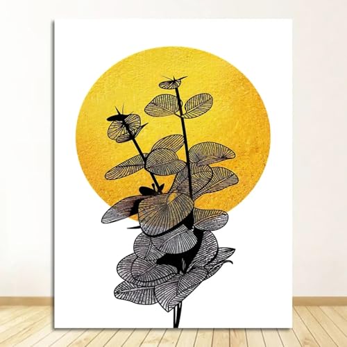Tableau abstrait feuille jaune et soleil grand format 70x100cm déco murale lumineuse chambre