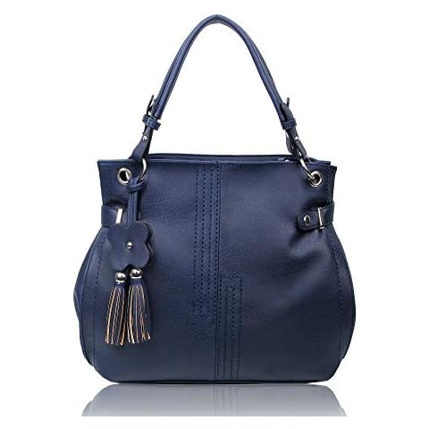 Women's Floral Tassel Charm Large Faux Leather Fashion Handbag Shoulder Tote Shopper Hobo Bag (Navy) Cover
