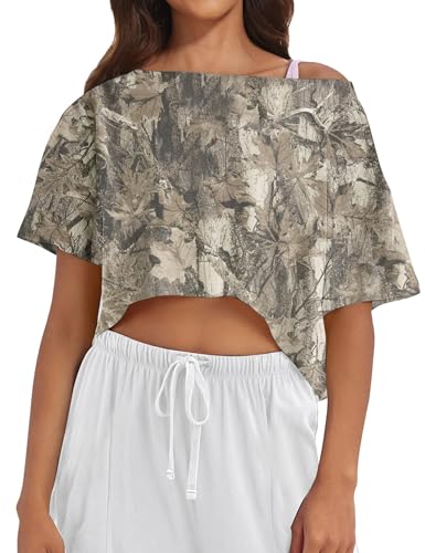 Women Camo Off The Shoulder Shirt Top Short Sleeve Boat Neck Athletic Workout Crop Tees Oversized T Shirts Summer