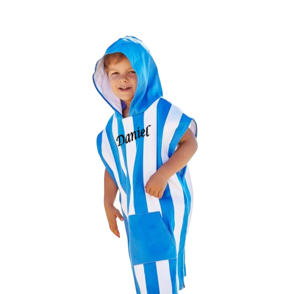 Hoolaroo Personalised Kids Poncho Towel Hooded Towel For Kids Swimming Towels For Kids Age 3-7 Boys Blue Stripe Embroidered With Name Beach Swim Changing Robe