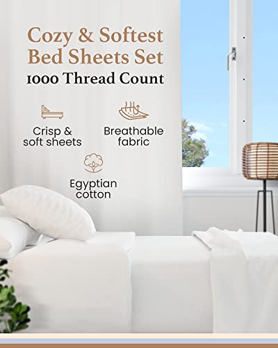 1000 Thread Count Egyptian Cotton Sheets Queen Size, 4 Pc Luxury Sheets Set, Long Staple 100% Cotton Sheets For Queen Size Bed, 16" Deep Pocket Hotel Style Sheets, Sateen Sheets Queen, White #TOP1