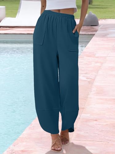 Women's Fashion Casual Wide Leg Harem Pants Baggy Wide Leg Pants Elastic Waisted Pants with Pockets