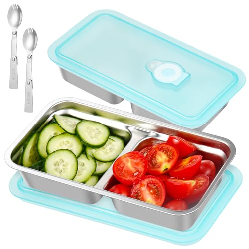 foergenova 2-PACK Stainless Steel Snack Containers with Lids for Kids, Reusable Snack Containers with 2 Foldable Forks, Microwave & Dishwasher Safe, Ideal for Travel, Camping, Outdoor & Picnic (Blue)