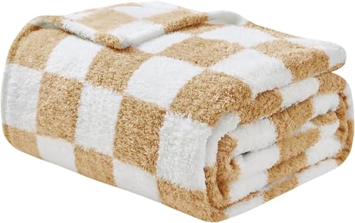 EMME Kuscheldecke Flauschige Decke - Karierte Decken 150 x 200 cm, Woven Sofadecke Weiche Warme Wolldecke&Fleecedecke, Tagesdecke, Überwurfdecke, Kuscheldecken für Couch, Beige