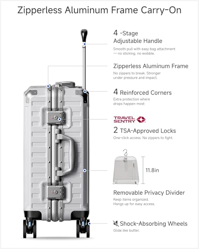 Image of Carry On Luggage with Spinner Wheels, 8010S Aluminum Frame Zipperless Polycarbonate Hard Shell Suitcase (ZX-Core, Silver, 20 Inch)