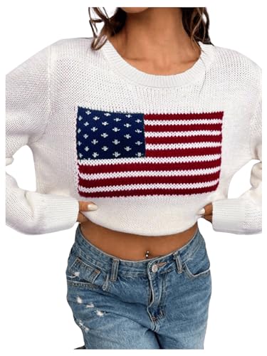 Image of GORGLITTER Women's American Flag Sweaters 2026 4th of July Outfits Fall Oversized Long Sleeve Knit Pullover Tops