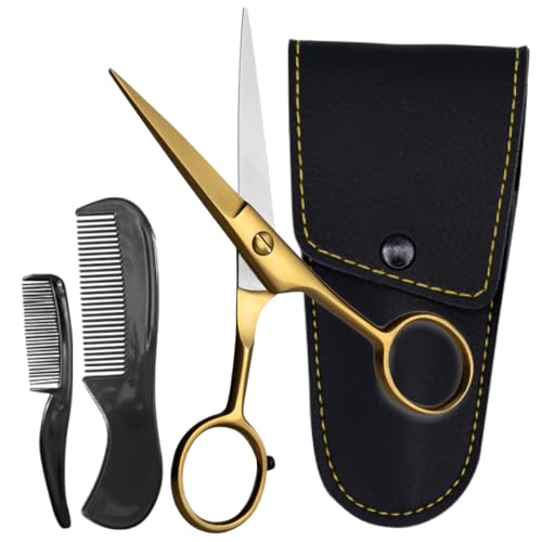 ONTAKI 5 Beard Moustache Scissors Professional German Steel 2 Comb Carrying Pouch Mustache Trimming - Hand Forged Bevel Edge Precision Men Facial Hair Grooming Kit All Body Hair (Golden Brass)