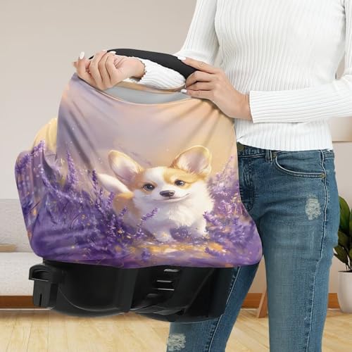 Image of Breathable Car Seat Cover for Babies - Multi-Purpose Soft Nursing Cover for Breastfeeding, High Stretchy Stroller Cover, Cute Corgi Tulip