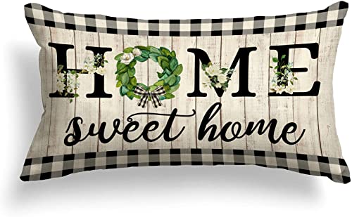 Ortigia Spring Flowers Lumbar Pillow Cover Home Sweet Home Thow Pillow Cover 12X20Inch Spring Floral Wreath Pillow Case Farmhouse Rustic Cushion Case For Sofa Couch #TOP16