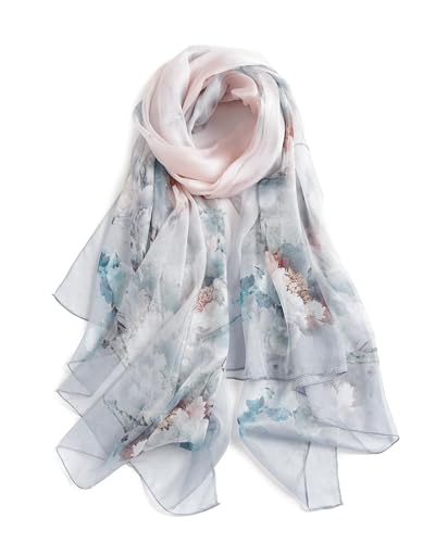 Taseson 100% Mulberry Silk Scarf for Women, Lightweight Large Silk Chiffon Shawl Wraps Sheer Floral Neck Scarf Purple Gray Ombre Gift Packed