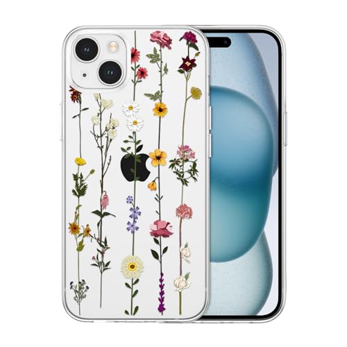 Coque transparente iPhone 15 Plus anti-jaunissement et fleurie