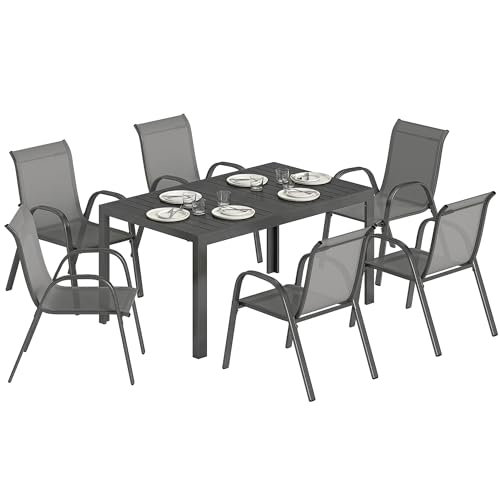 Outsunny Salon de Jardin extérieur 7 pièces, Table de Jardin extérieure avec 6 chaises empilables, Plateau à Lattes 150 cm, Structure en Acier...