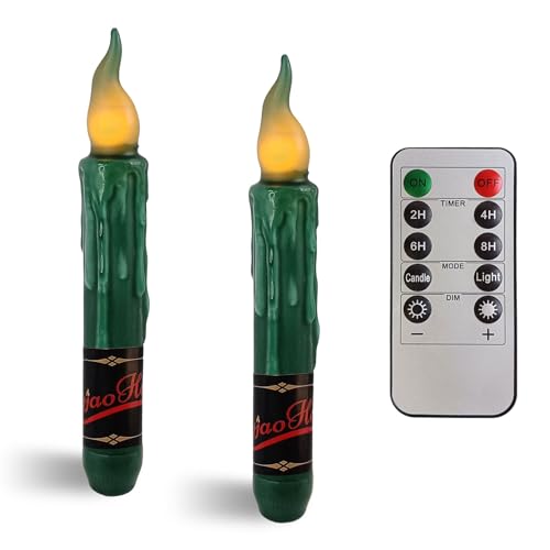 Image of Real Wax LED Flameless Short Taper Candles with Remote, 6.7 Inches Green Candlesticks, Dripless Battery Operated Flame Rustic Primitive Flameless Lights Holiday Decor, Pack of 2
