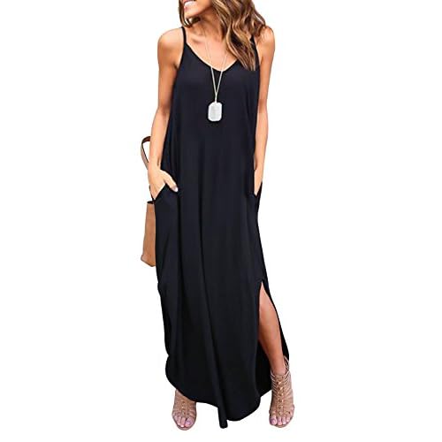 HUSKARY Women's Summer Casual Sleeveless V Neck Strappy Split Loose Dress Beach Cover Up Long Cami Maxi Dresses with Pocket XX-Large Black