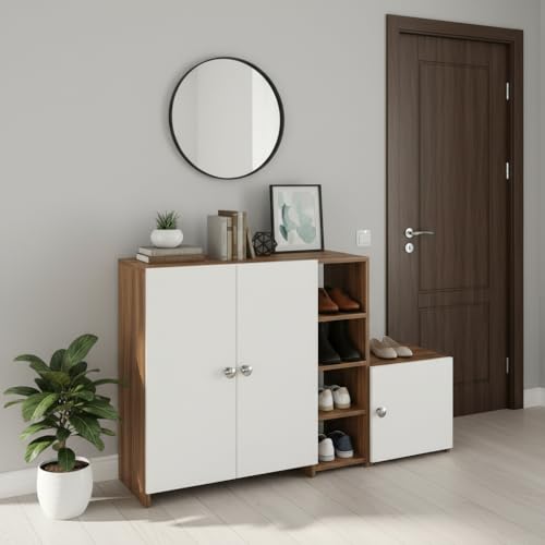 Image of FURNEASER Fusia Shoe Rack Cabinet for Home | Wooden Shoe Storage Organizer with Doors | Space Saving Footwear Stand for Entryway, Living Room & Bedroom (Exotic Teak & White)