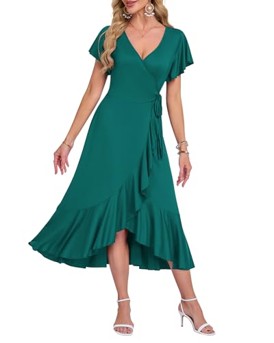 AUSELILY Summer Dresses for Women UK Midi Wrap Beach Casual V-Neck Short Sleeve Slit Ruffle Dress for Cocktail Wedding Guest Dark Green