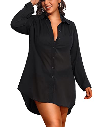 Pinup Fashion Womens Plus Size Swimwear Cover Ups Button Down Beach Long Sleeve Bathing Bikini Shirt Coverup