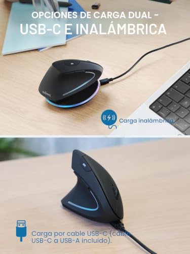 Ratón inalámbrico recargable de diseño vertical ergonómico para zurdos con 6 botones prácticos 4