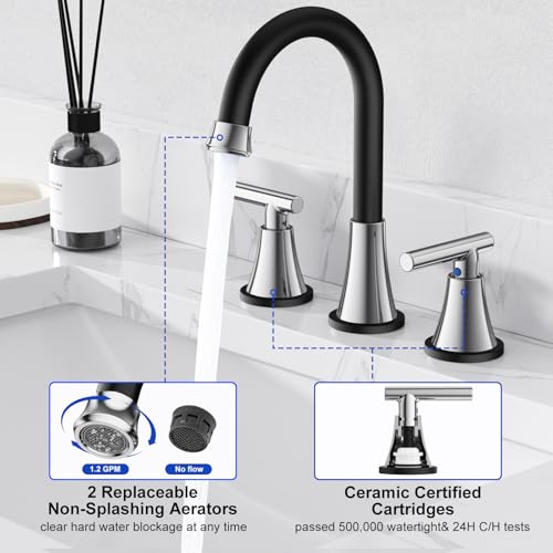 Image of Bathroom Faucet 3 Hole, Black& Chrome Faucets with Drain and Supply Lines | Hurran Stainless Steel Lead-Free Widespread Bathroom Sink Faucet for Vanity RV Restroom Laundry Outdoor Utility Sink