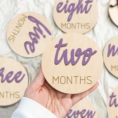 Image of Baby Monthly Milestone Markers Disc, Wooden 3D Milestone Cards for Photos, Baby Announcement Sign, 1-12 Months, wooden baby milestone sign (Purple)