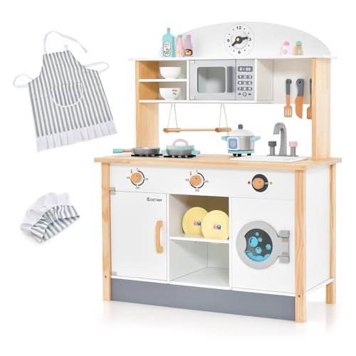 COSTWAY Cucina Giocattolo per Bambini in Legno, Set da Cucina per Bambini con Forno a Microonde, Accessori Vari per Cucinare, per Bambini 3 Anni +, TM-70, Bianco