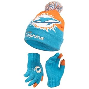 Ultra Game NFL Boys Girls Super Soft Winter Beanie Knit Hat With Extra Warm Touch Screen Gloves, Miami Dolphins