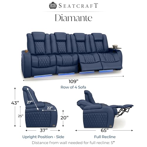 Image of Seatcraft Diamante Navy Blue Italian Leather Home Theater Seating, Zero Gravity Power Recliner, Gaming and Home Office Chair, Powered Headrest Furniture for Family Cinema Room, Row of 4 Sofa