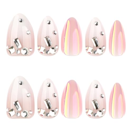 Image of Short Almond Press on Nails Chrome Fake Nails White Ombre Nails Press ons | White Gradient French Tip with Rhinestone Design Nude Full Cover Glossy Shiny Stick on Nails for Women Manicure 24Pcs