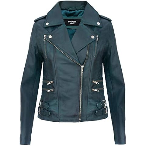Chaqueta motera verde retro de cuero napa para mujer XS Cover