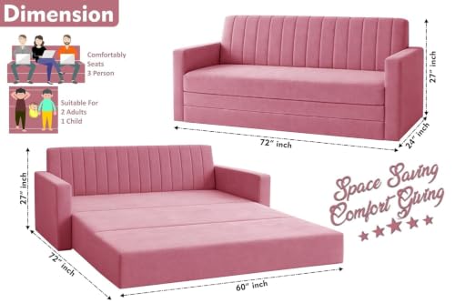 Image of Rosebell Foldable Sofa-Cums-Bed | 3-in-One Convertible Couch with Armrest | Modern Fabric Sofa for Living Room, Bedroom & Office-Rose Pink-Color