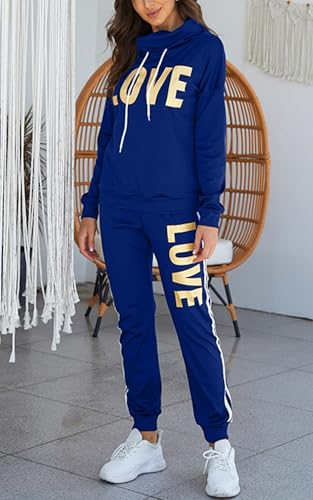 Angsuttc Women's 2 Piece Tracksuit set Letter Print Cowl Neck Long Sleeve Sweatshirt and Pants Sweatsuit Set Blue 3XL