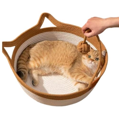 猫ベッドかわいい丸型猫耳型猫ハウス大きいサイズ猫の爪とぎ猫ベッドクッションマット耐久性通気性洗える一年中使える犬猫兼用オールシーズン対応手編み綿糸ペットベッド (S,カーキ色)