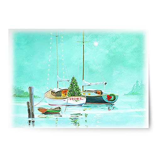 Red Farm Studios Designer Greetings Boxed Red Farm Studios Christmas Cards, Docked Decorated Boats on Water (Box of 18 Nautical/Coastal Holiday Cards with White Envelopes),Noel Boat,125-00892-000