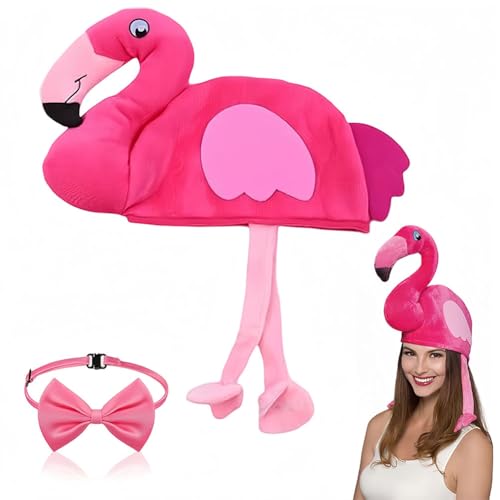 SYTTNUM Bonnet animal flamant rose avec nœud papillon, accessoire de costume réglable, nœud papillon rose pour homme, bonnet amusant pour Halloween, cosplay, cadeau pour adultes et jeunes