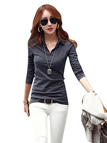 SaiDeng Ladies Blouse V Neck Tops Long Sleeve T Shirts Size XL Dark Gray