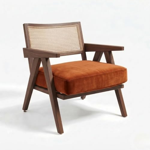 Image of Kingsman Furnitures ABEL Rattan Teak Wood Accent Arm Chair for Home Bedroom, Living, Dining, Drawing Room | Ultra Soft and Comfortable for Stress Free | Removable Cushion (Walnut Burnt Orange)