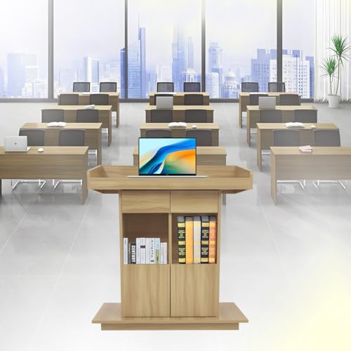Wooden Podium with Storage, Easy-Clean Standing Lectern for Churches &amp; Classrooms, White Finish, 39.4" L x 19.6" W x 44.3" H - Ideal for Presentations &amp; Events