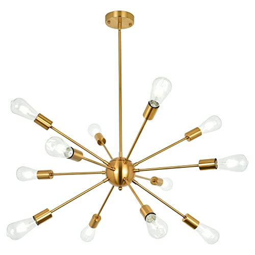 Gold Chandeliers for Dining Room,Sputnik Chandelier 12 Lights Mid Century Chandelier Light Fixture Brushed Brass Modern Ceiling Light Fixture Industrial Vintage Sputnik Light Fixture
