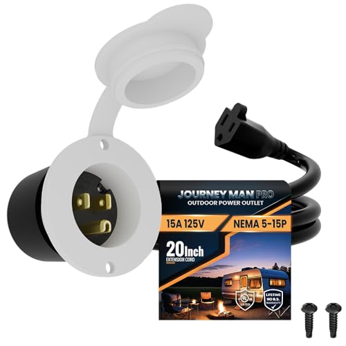 15 Amp AC Power Inlet Port Charger Plug, by Journeyman-Pro 110-125 Volt Socket, Waterproof Electrical Outlet Receptacle, 20-Inch Integrated Outdoor RV/Shore Extension Cord 5-15R (5278GCP1-WHITE)