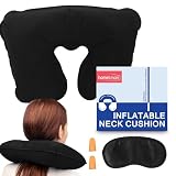 SOL 1 cojín inflable para el cuello, almohada cervical de viaje con tapones para los oídos y máscara ocular, almohada de viaje inflable compacta para vuelos, trenes y coches, juego de almohadas de