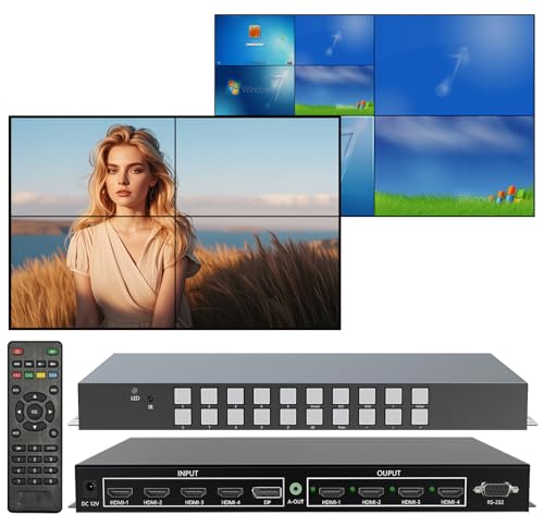 ICUIXIAN 4x4 Seamless HDMI Matrix Switch Video Wall Controller 2x2 4K with HDMI2.0, HDCP2.2,18Gbps, Rs-232, 4x4 HDMI Matrix Video Wall Multi-View Seamless Switching (4 Input Video wall Controller)