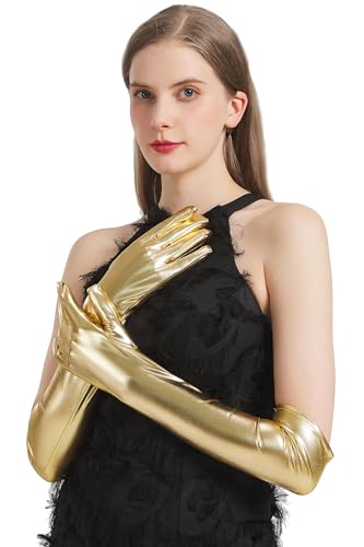 Long Gold Metallic Gloves Costume Women Long Gold Faux Leather Gloves Elbow Length Golden for Opera Halloween Cosplay 1920s Great Gatsby Masquerade Balls Formal Evening Prom Vintage Flapper Dress up