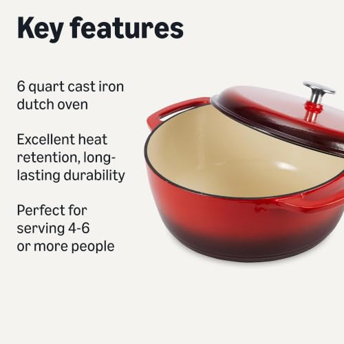 Image of Amazon Basics Enameled Cast Iron Dutch Oven Pot with Lid, Round, Dual Handles, Heavy-Duty, Oven Safe for Stews, Roasting, Baking, 6-Quart, Red