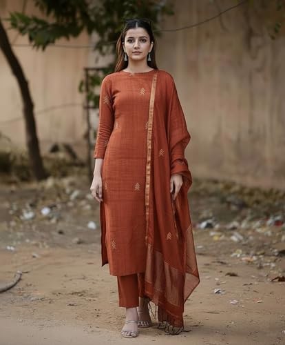 Image of Anni Designer Pure Cotton Maroon Kurta Pant Set with Dupatta for Women | 3 Piece Gold Hand Block Printed Suit Set | Cotton Kurta Set for Women | Festive Kurti Set
