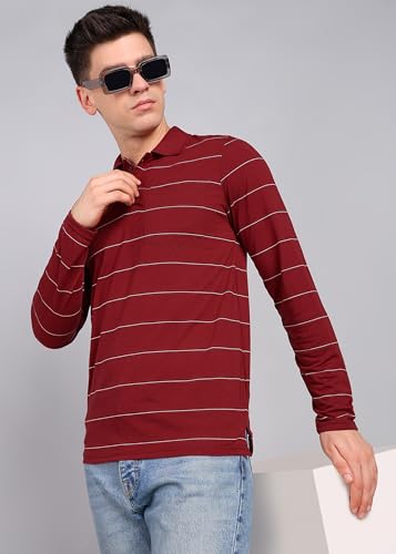 Image of INKKR Men Full Striped Polo Neck Cotton Blend T-Shirt