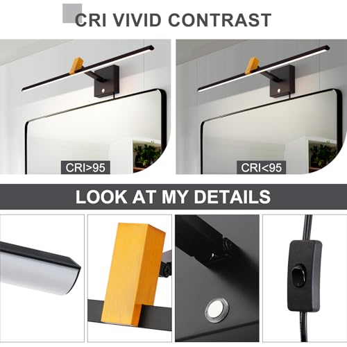 Image of Plug in Picture Light 24 inch Bathroom Vanity Light Touch Dimming 3CCT Bathroom Light Fixtures 270+170 Rotation IP44 Wall Sconce for Cabinet Living Room Hallway (Black /Brass)