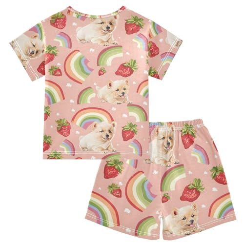ALAZA Strawberry Puppy Dog Rainbow Blossom Pajamas Short Sleeve 2 Piece Sleepwear Top and Bottom Pajama Set Unisex2