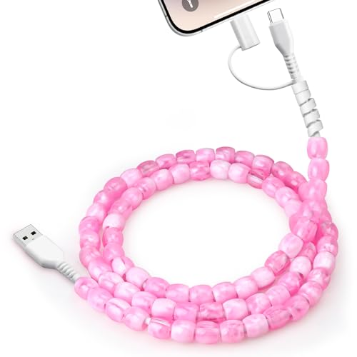 USB Cable for iPhone Beaded Phone Charger Cord 66W Fast Charge 2 in1 Multi Charging Cable 3.3FT Stylish Durable Beaded Charging Cord Women Girls for iPhone 16/15 Samsung S25 Ultra iPad Airpods Pink