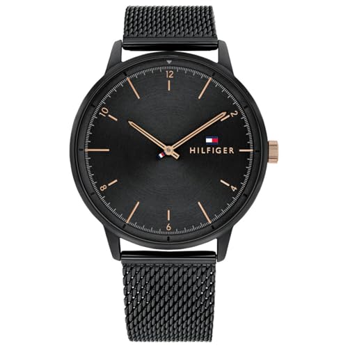 Tommy Hilfiger Analog Quarzuhr für Herren mit Schwarzes Edelstahl-Mesh-Gliederarmband - 1791845